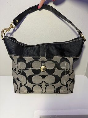 Coach Black and Gray Signature Canvas Shoulder Bag